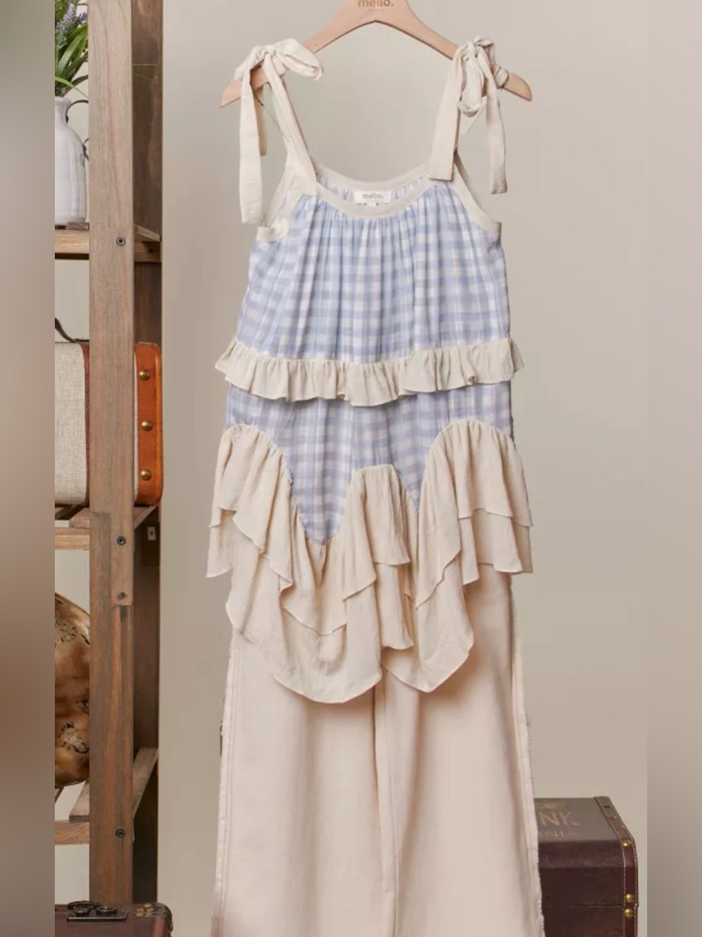 Blue Gingham Sleeveless Tunic/Dress with Cream Ruffle Hem